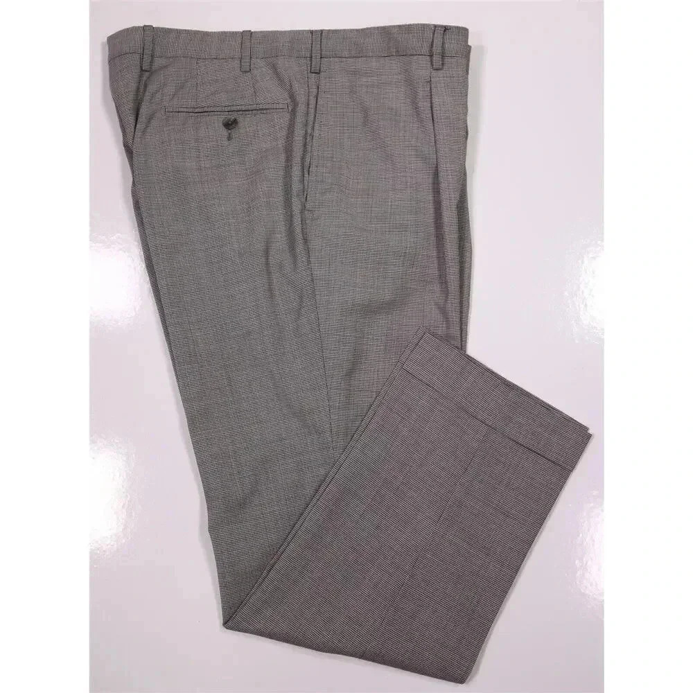 R. Caruso Current Light Gray Houndstooth Pleated Stretch Wool Dress Pants 35x29